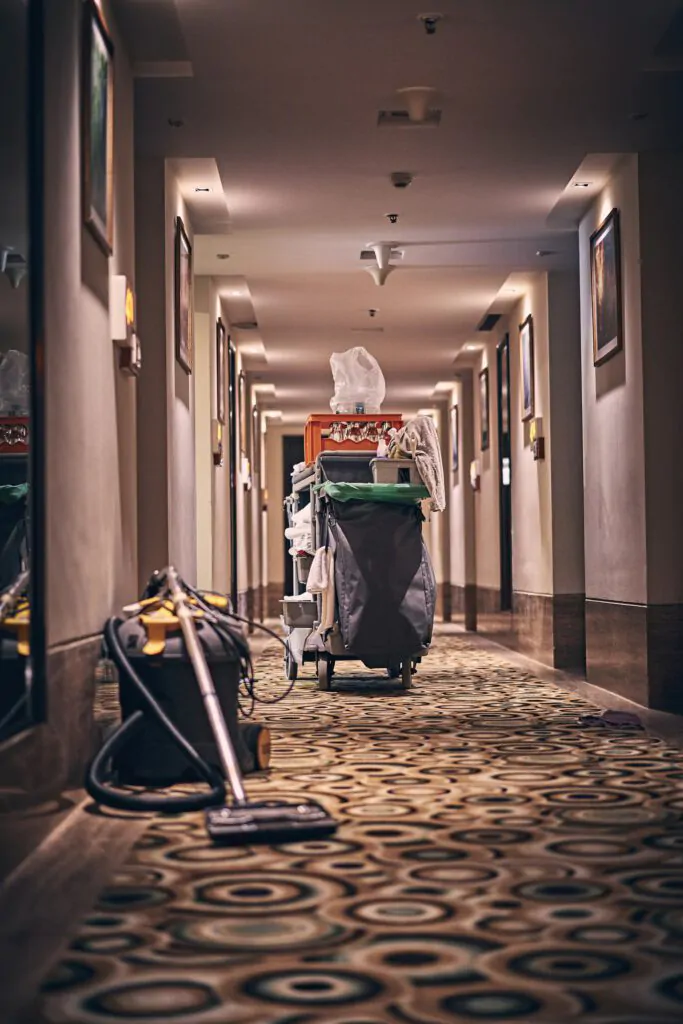 commercial cleaning supplies and equipment in the hall way