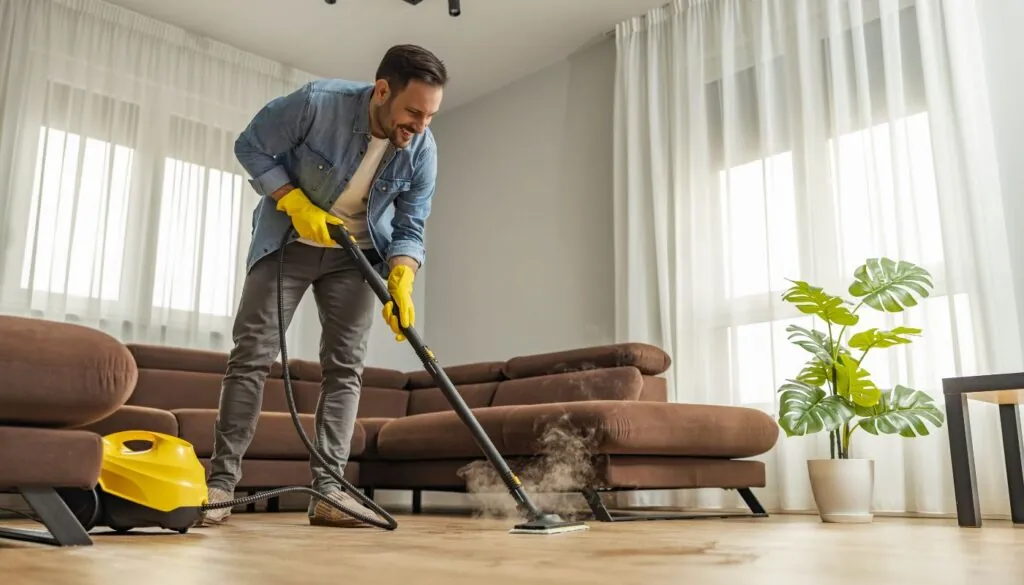 man using vacuum cleaner for turnover cleaning service 