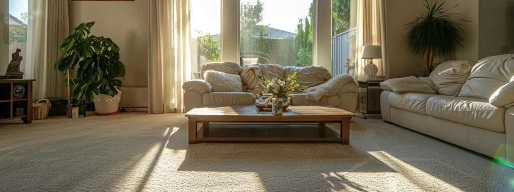 a sparkling, clutter-free living room with freshly vacuumed carpets and a gleaming coffee table, ready for guests to arrive