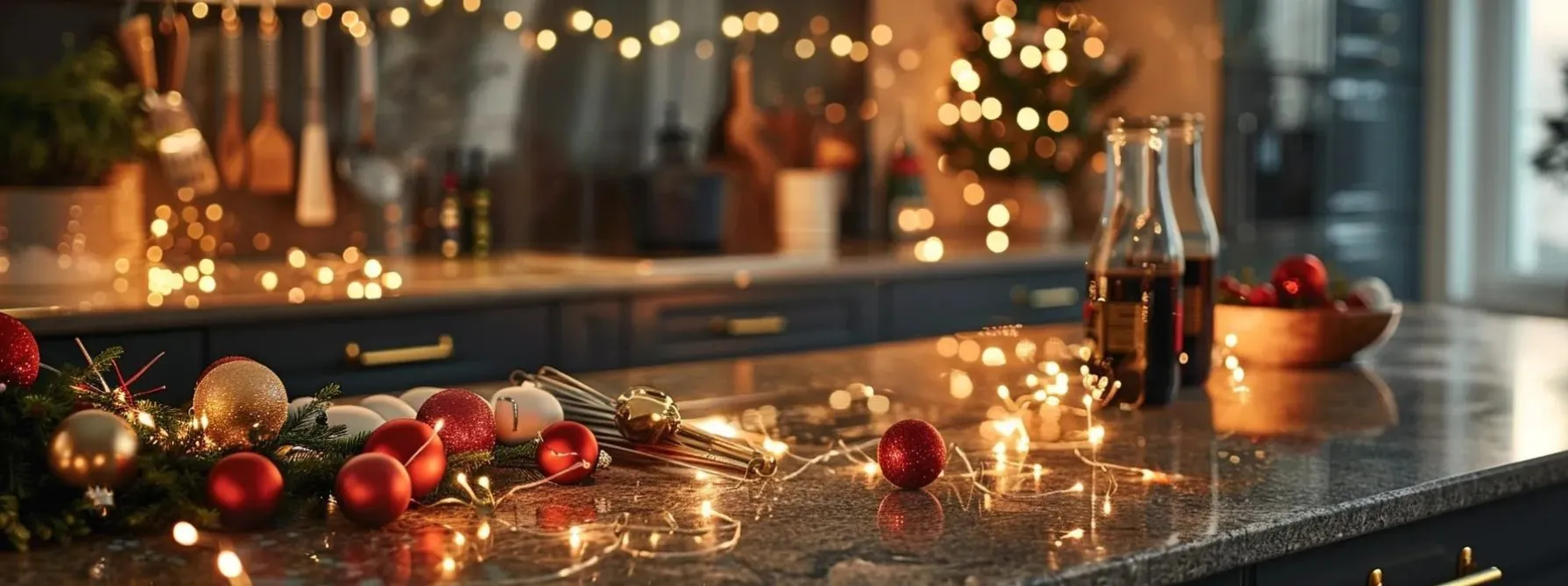 counter adorned with festive decor and gleaming utensils, ready to welcome guests for the holidays