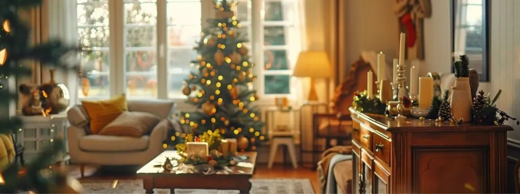 living room with festive decorations and cozy seating, ready to welcome guests for the holidays