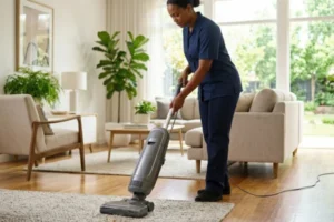 Professional residential cleaning technician vacuuming a living room rug and surrounding hardwood floors as part of a whole-home cleaning service
