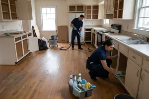 Professional cleaning team vacuuming and wiping down cabinets in a kitchen during a move out cleaning service.