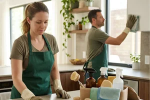 A professional cleaner wipes a kitchen island with a microfiber cloth and eco-friendly cleaning supplies in a bright kitchen with wooden cabinets and stainless steel appliances.